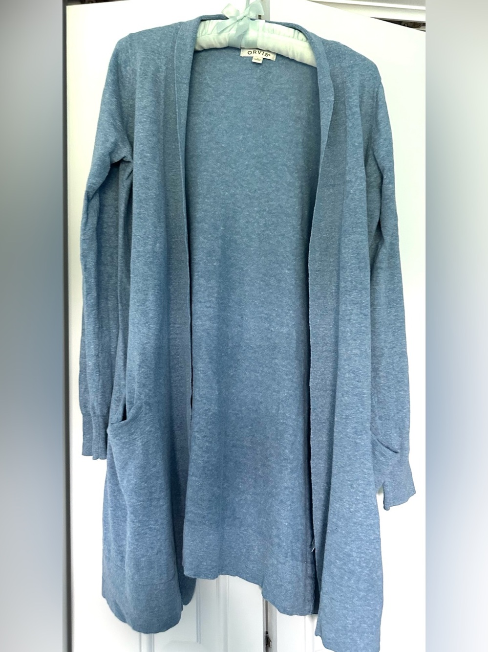 Orvis Lightweight Linen Cotton Blend Open Cardigan Light Blue Small
